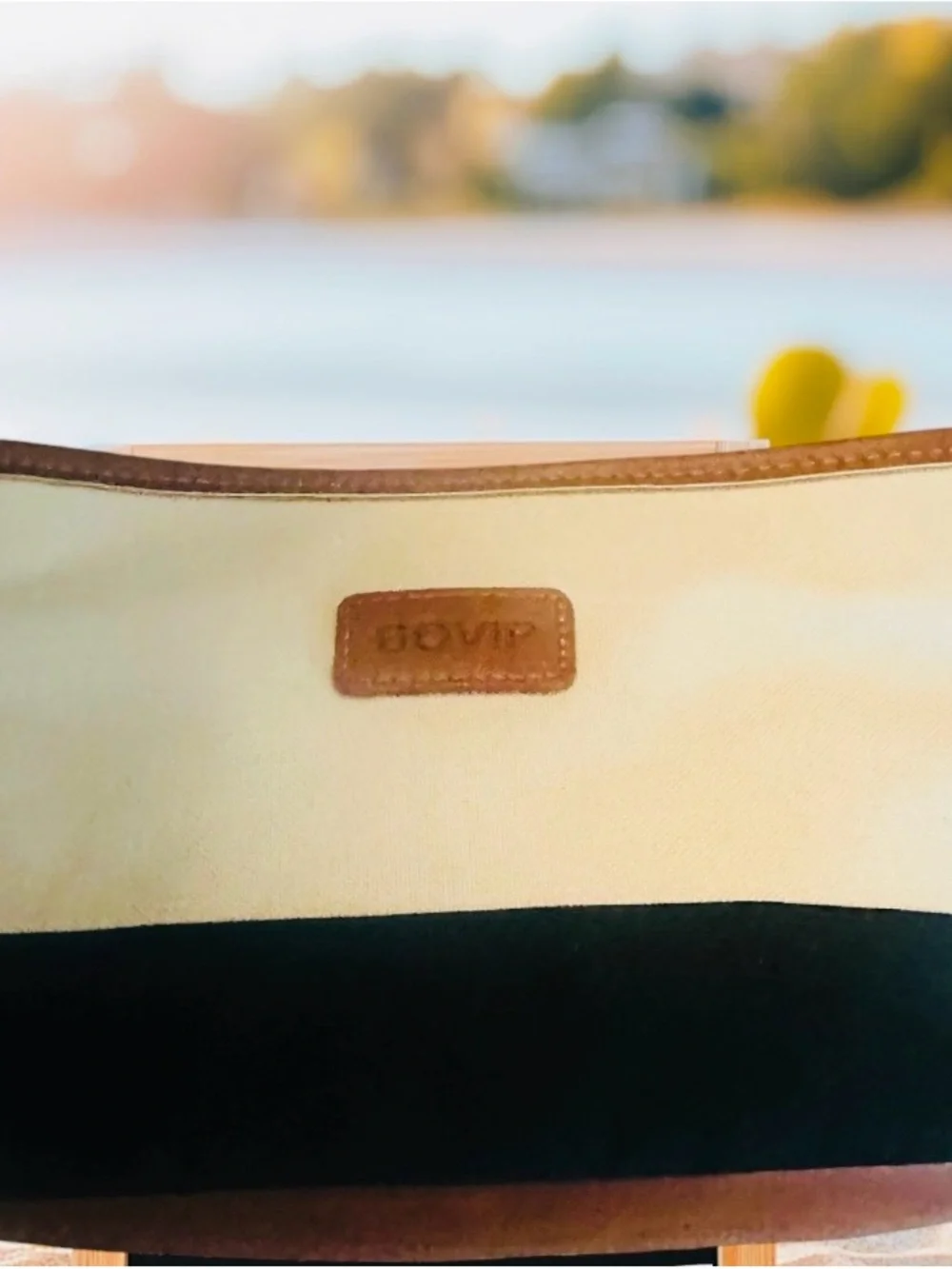 Ovi Cream and Black Canvas Tote with Brown Leather Trim